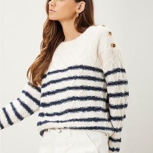 MOTF Women’s Relaxed Fit Cable Knit Sweater Navy Blue & White Stripes Size Large